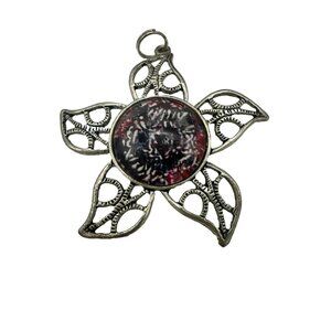 Necklace Pendant Flower Silver Tone Cameo Boho 2" Diameter Costume Fashion